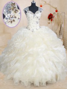 Enchanting Organza Straps Cap Sleeves Zipper Beading and Ruffles Sweet 16 Quinceanera Dress in Champagne