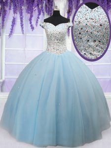 Light Blue Tulle Lace Up Off The Shoulder Sleeveless Floor Length Quinceanera Dresses Beading