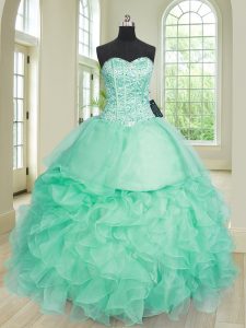 Custom Fit Apple Green Lace Up Sweetheart Beading and Ruffles Ball Gown Prom Dress Organza Sleeveless