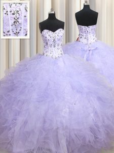 Lavender Tulle Lace Up Sweetheart Sleeveless Floor Length Sweet 16 Dresses Beading and Ruffles