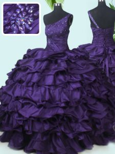 Purple Ball Gowns Taffeta One Shoulder Sleeveless Beading and Pick Ups Floor Length Lace Up Quince Ball Gowns
