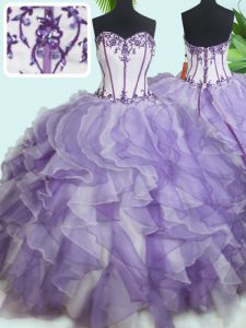 White And Purple Ball Gowns Beading and Ruffles 15th Birthday Dress Lace Up Organza Sleeveless Floor Length
