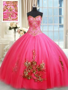 Elegant Hot Pink Tulle Lace Up Sweetheart Sleeveless Floor Length Quinceanera Gown Beading and Appliques