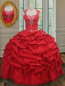 Red Straps Lace Up Beading and Pick Ups Sweet 16 Dress Cap Sleeves