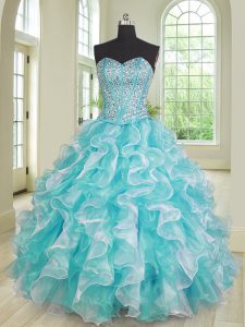 Organza Sweetheart Sleeveless Lace Up Beading and Ruffles Vestidos de Quinceanera in Blue And White