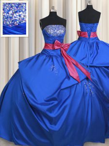 Blue Ball Gowns Strapless Sleeveless Taffeta Floor Length Lace Up Beading and Bowknot 15 Quinceanera Dress