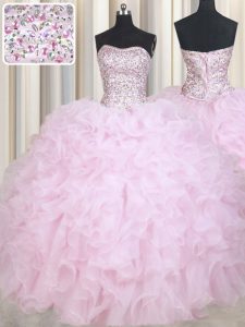 Dramatic Baby Pink Ball Gowns Beading and Ruffles Sweet 16 Dresses Lace Up Organza Sleeveless Floor Length