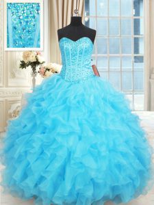 Chic Aqua Blue Lace Up Sweetheart Beading and Ruffles and Ruffled Layers Sweet 16 Quinceanera Dress Organza Sleeveless