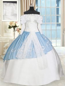 Off the Shoulder Blue And White Long Sleeves Lace and Bowknot Floor Length Sweet 16 Dresses