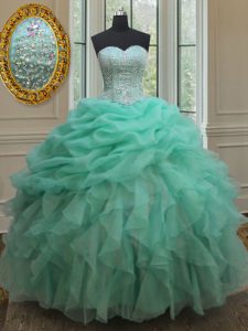 Floor Length Apple Green Sweet 16 Dresses Organza Sleeveless Beading and Ruffles and Pick Ups