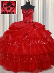 New Arrival Floor Length Lace Up Quinceanera Gown Red for Military Ball and Sweet 16 and Quinceanera with Embroidery and Ruffled Layers and Sequins and Pick Ups
