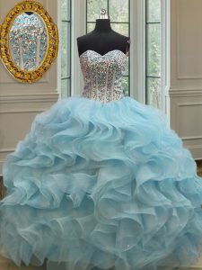 Great Sequins Ball Gowns Sweet 16 Dress Light Blue Sweetheart Organza Sleeveless Floor Length Lace Up