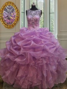 Dynamic See Through Lilac Ball Gowns Organza Scoop Sleeveless Beading and Ruffles Floor Length Lace Up Vestidos de Quinceanera