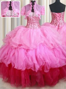 High End Rose Pink Organza Lace Up Quince Ball Gowns Sleeveless Floor Length Ruffles and Sequins