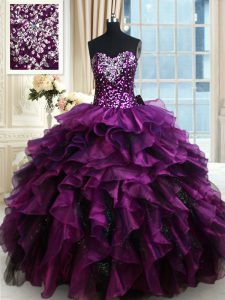 Adorable Sequins Ruffled Sweetheart Sleeveless Lace Up Quinceanera Gown Purple Organza