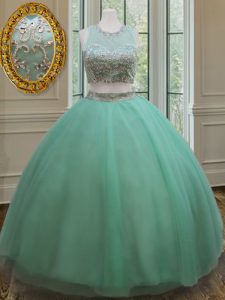 Apple Green Two Pieces Tulle Scoop Sleeveless Beading Floor Length Zipper Ball Gown Prom Dress