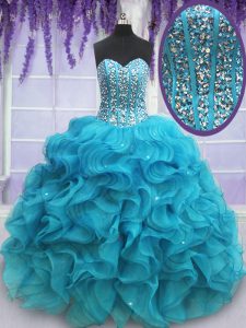 New Arrival Floor Length Teal Quince Ball Gowns Sweetheart Sleeveless Lace Up