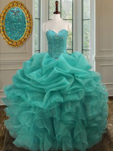 New Arrival Organza Sweetheart Sleeveless Lace Up Beading and Ruffles and Pick Ups Quinceanera Gowns in Turquoise