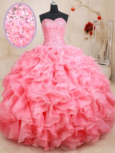 Pink Ball Gowns Sweetheart Sleeveless Organza Floor Length Lace Up Beading and Ruffles Sweet 16 Dress