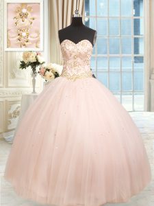 Floor Length Baby Pink Sweet 16 Dress Satin and Tulle Sleeveless Beading and Embroidery