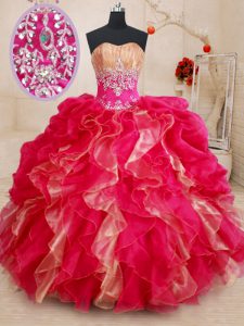 Luxurious Red Sweetheart Lace Up Beading and Ruffles Quinceanera Gowns Sleeveless