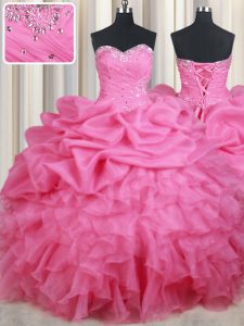 Trendy Rose Pink Quinceanera Gown Military Ball and Sweet 16 and Quinceanera and For with Beading and Ruffles and Pick Ups Sweetheart Sleeveless Lace Up