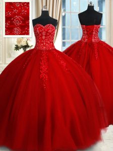 Red Tulle Lace Up Sweetheart Sleeveless Floor Length Sweet 16 Dress Beading and Appliques