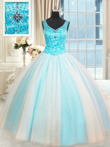 Floor Length White and Blue Sweet 16 Dresses Sleeveless Lace Up