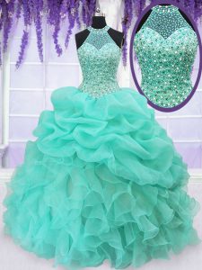Organza Halter Top Sleeveless Lace Up Beading and Ruffles and Pick Ups 15 Quinceanera Dress in Aqua Blue