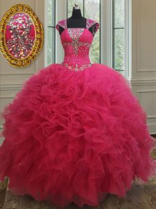 Square Tulle Cap Sleeves Floor Length Sweet 16 Dress and Beading and Ruffles