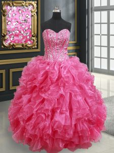 Hot Pink Ball Gowns Beading and Ruffles Sweet 16 Dresses Lace Up Organza Sleeveless Floor Length