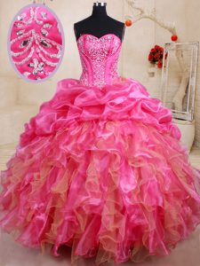 Hot Pink Ball Gowns Sweetheart Sleeveless Organza Floor Length Lace Up Beading and Ruffles and Pick Ups Sweet 16 Dress