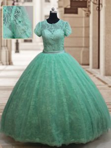 Scoop Short Sleeves Floor Length Lace Zipper Quinceanera Dresses with Apple Green
