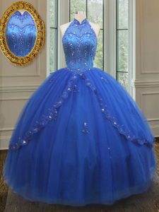 Fantastic High Neck See Through Royal Blue Tulle Lace Up 15th Birthday Dress Sleeveless Floor Length Beading and Appliques