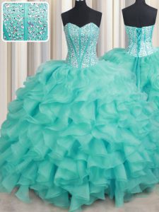 Sweetheart Sleeveless 15th Birthday Dress Beading and Ruffles Turquoise Organza