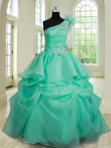 One Shoulder Floor Length Ball Gowns Sleeveless Turquoise 15th Birthday Dress Lace Up