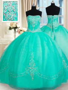 Simple Floor Length Turquoise 15th Birthday Dress Organza Sleeveless Beading and Appliques