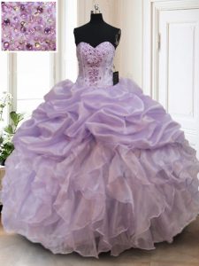 Custom Made Sweetheart Sleeveless Sweet 16 Dress Floor Length Beading and Ruffles Lavender Organza