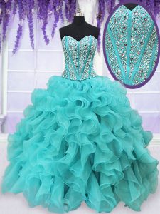 Aqua Blue Ball Gowns Beading and Ruffles Sweet 16 Quinceanera Dress Lace Up Organza Sleeveless Floor Length