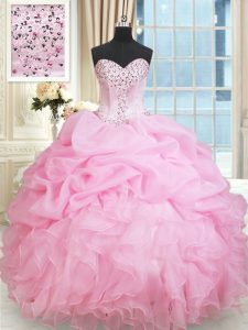 Sweetheart Sleeveless Sweet 16 Quinceanera Dress Floor Length Beading and Ruffles and Pick Ups Rose Pink Organza