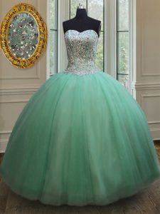 Dazzling Tulle Sweetheart Sleeveless Lace Up Beading Sweet 16 Dresses in Apple Green