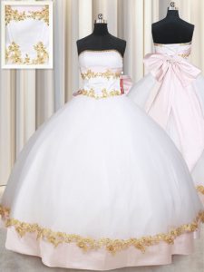 Floor Length White Quinceanera Dress Satin Sleeveless Beading and Appliques and Bowknot