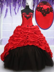 Superior Red And Black 15th Birthday Dress Military Ball and Sweet 16 and Quinceanera and For with Appliques and Pick Ups Sweetheart Sleeveless Brush Train Lace Up