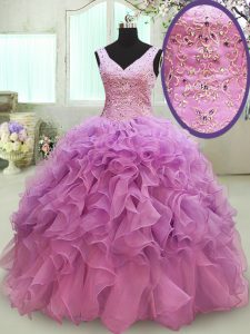 Gorgeous V-neck Sleeveless 15 Quinceanera Dress Floor Length Beading and Ruffles Lilac Organza