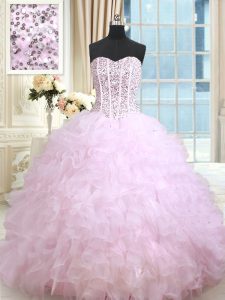 Spectacular Lilac Organza Lace Up Sweetheart Sleeveless Floor Length Sweet 16 Dress Beading and Ruffles and Ruffled Layers