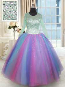 Pretty Scoop Floor Length Multi-color Quinceanera Gown Tulle Long Sleeves Beading
