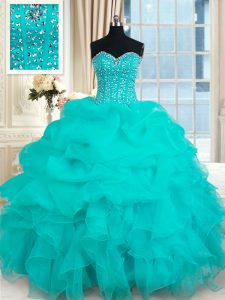 Fabulous Turquoise Sleeveless Beading and Ruffles and Pick Ups Floor Length Quinceanera Gowns