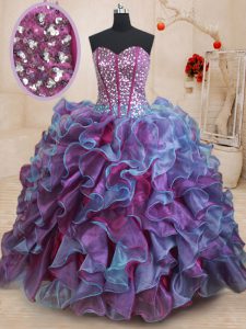High Class Sleeveless Floor Length Ruffles and Sequins Lace Up Quince Ball Gowns with Multi-color