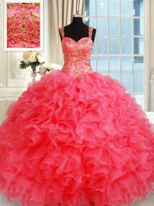 Floor Length Coral Red Quince Ball Gowns Straps Sleeveless Lace Up