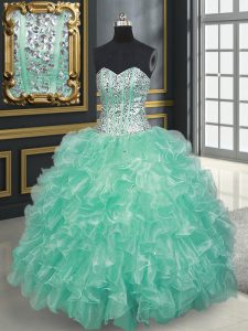Custom Fit Sweetheart Sleeveless Sweet 16 Dress Floor Length Beading and Ruffles Apple Green Organza
